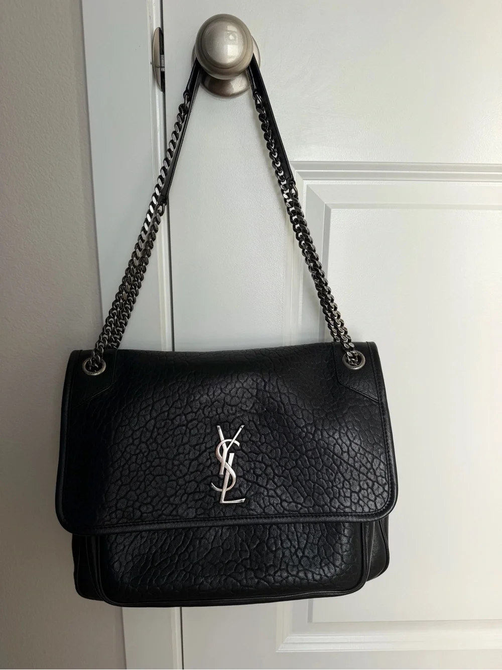 Saint Laurent Black Lamb Niki Signature Leather Shoulder Bag Silver Hardware